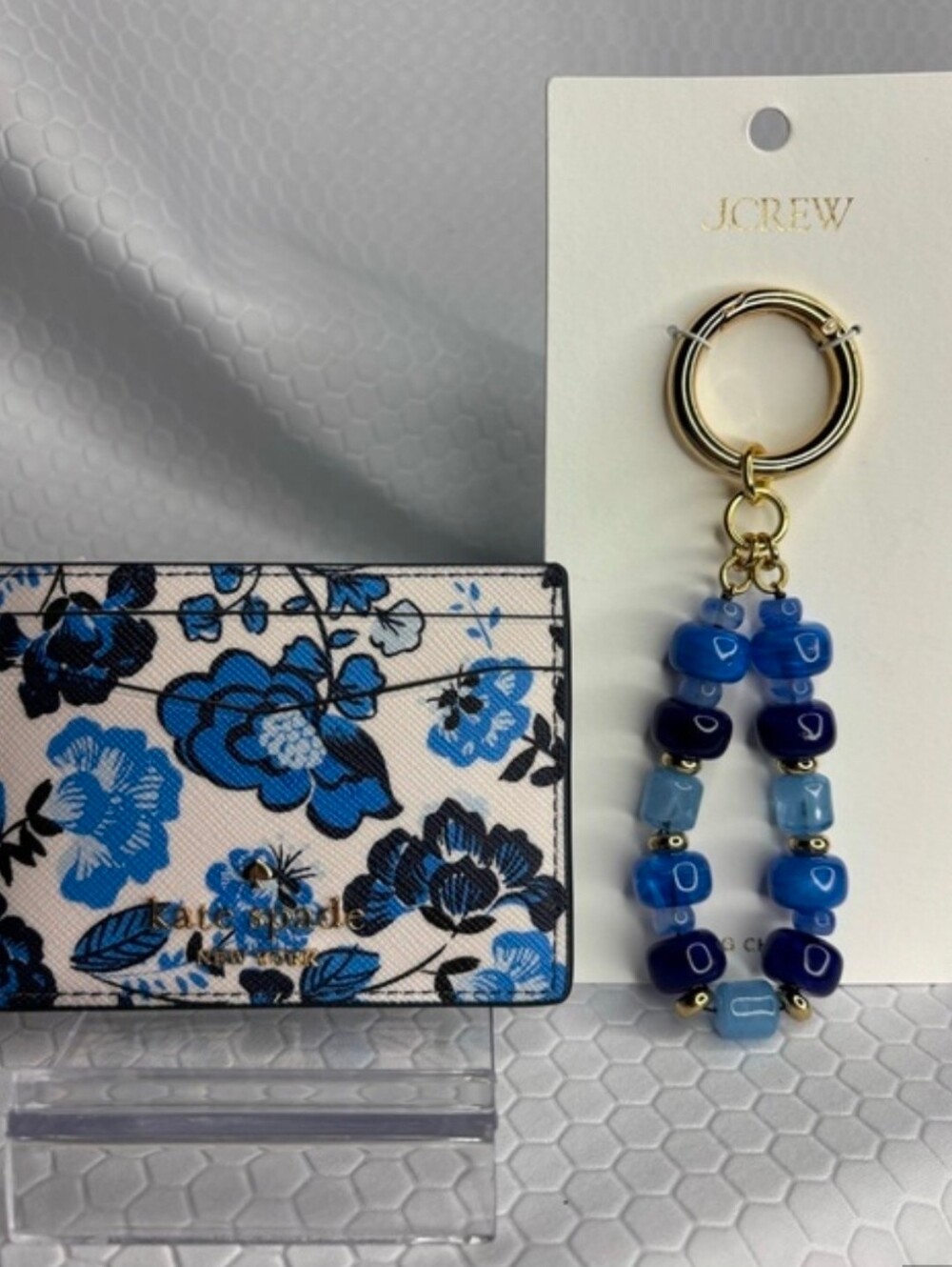 Kate Spade Blue Floral Card Case with J.Crew Blue Beaded Key Ring